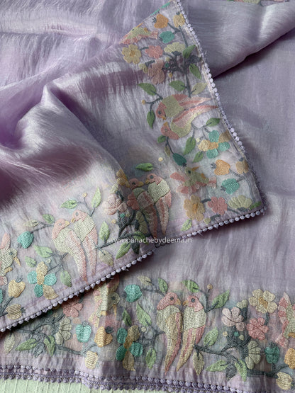 Organza glass tissue saree with embroidery and lace detailed borders | Light Lavender| OB3