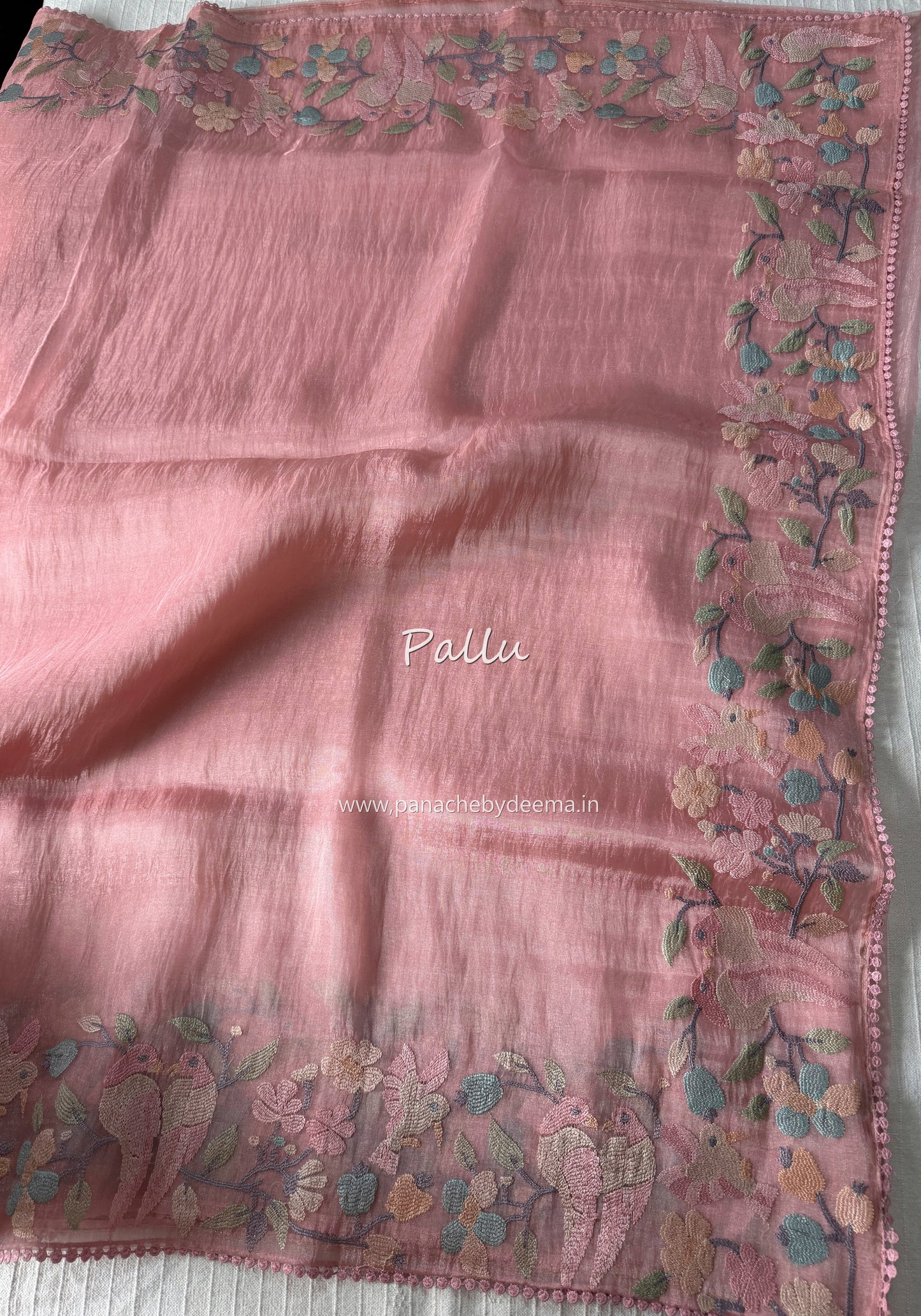 Organza glass tissue saree with embroidery and lace detailed borders | Peach | OB1