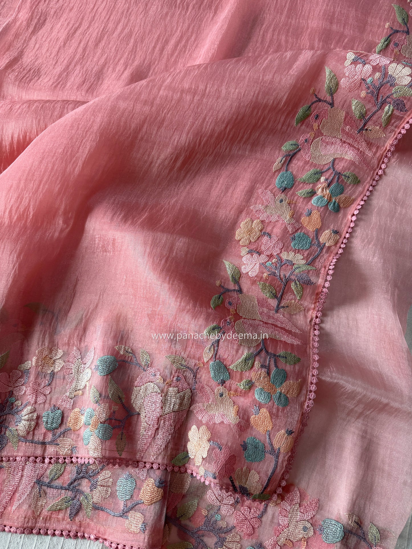 Organza glass tissue saree with embroidery and lace detailed borders | Peach | OB1