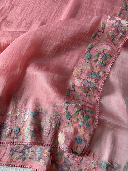 Organza glass tissue saree with embroidery and lace detailed borders | Peach | OB1