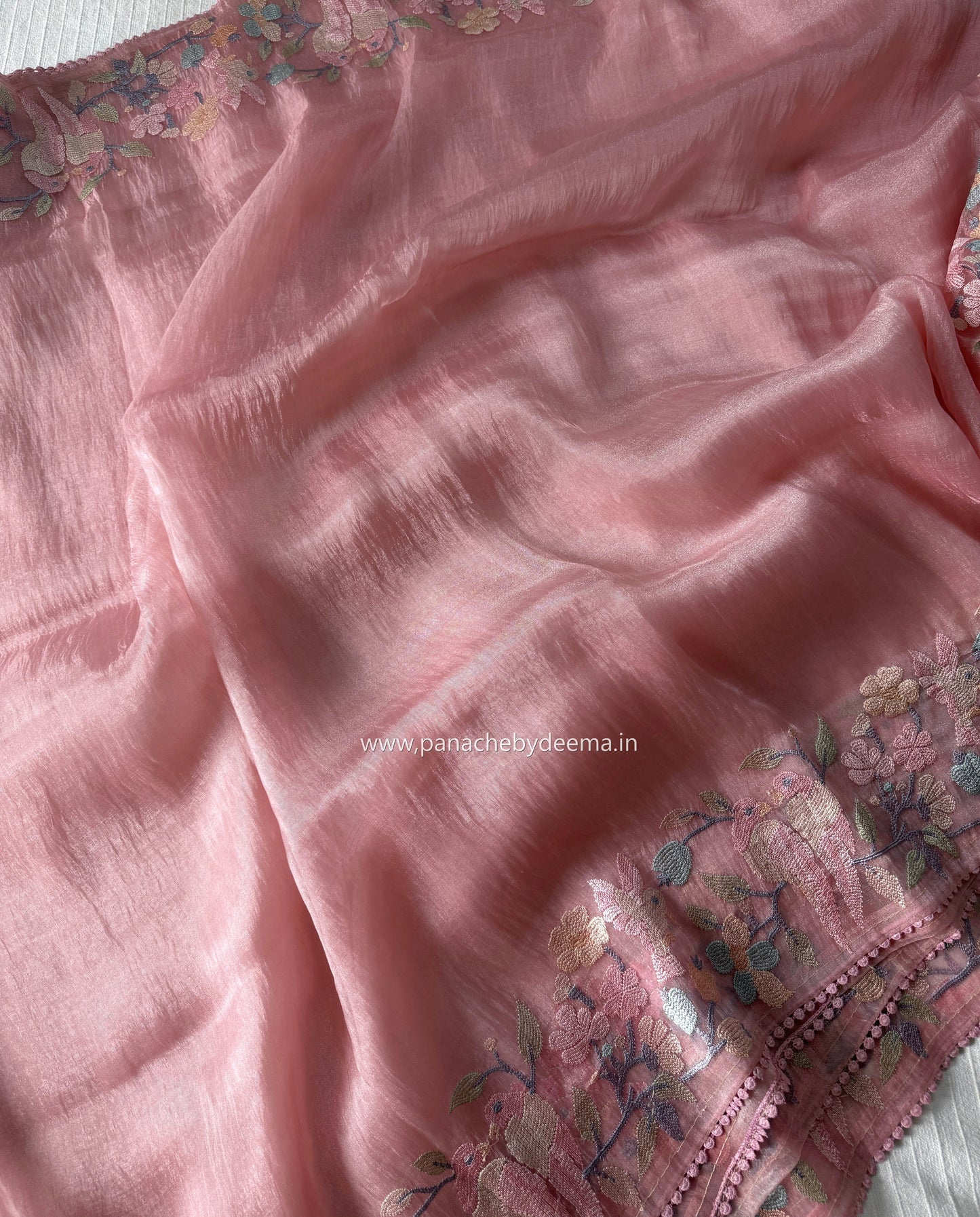 Organza glass tissue saree with embroidery and lace detailed borders | Peach | OB1