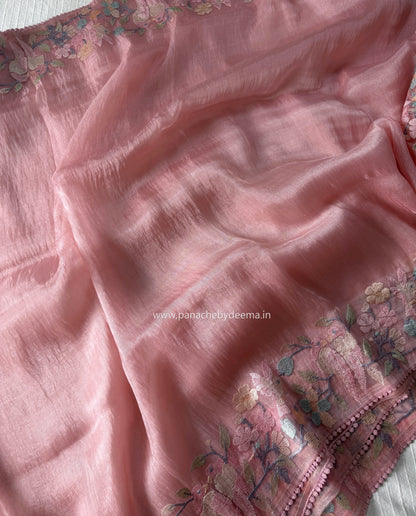 Organza glass tissue saree with embroidery and lace detailed borders | Peach | OB1