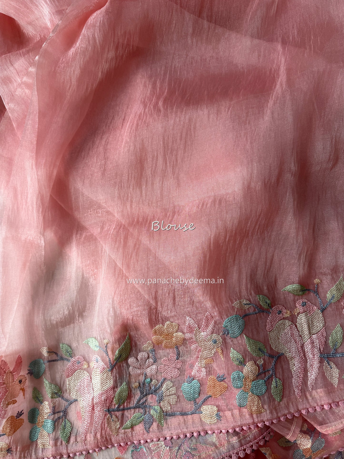 Organza glass tissue saree with embroidery and lace detailed borders | Peach | OB1