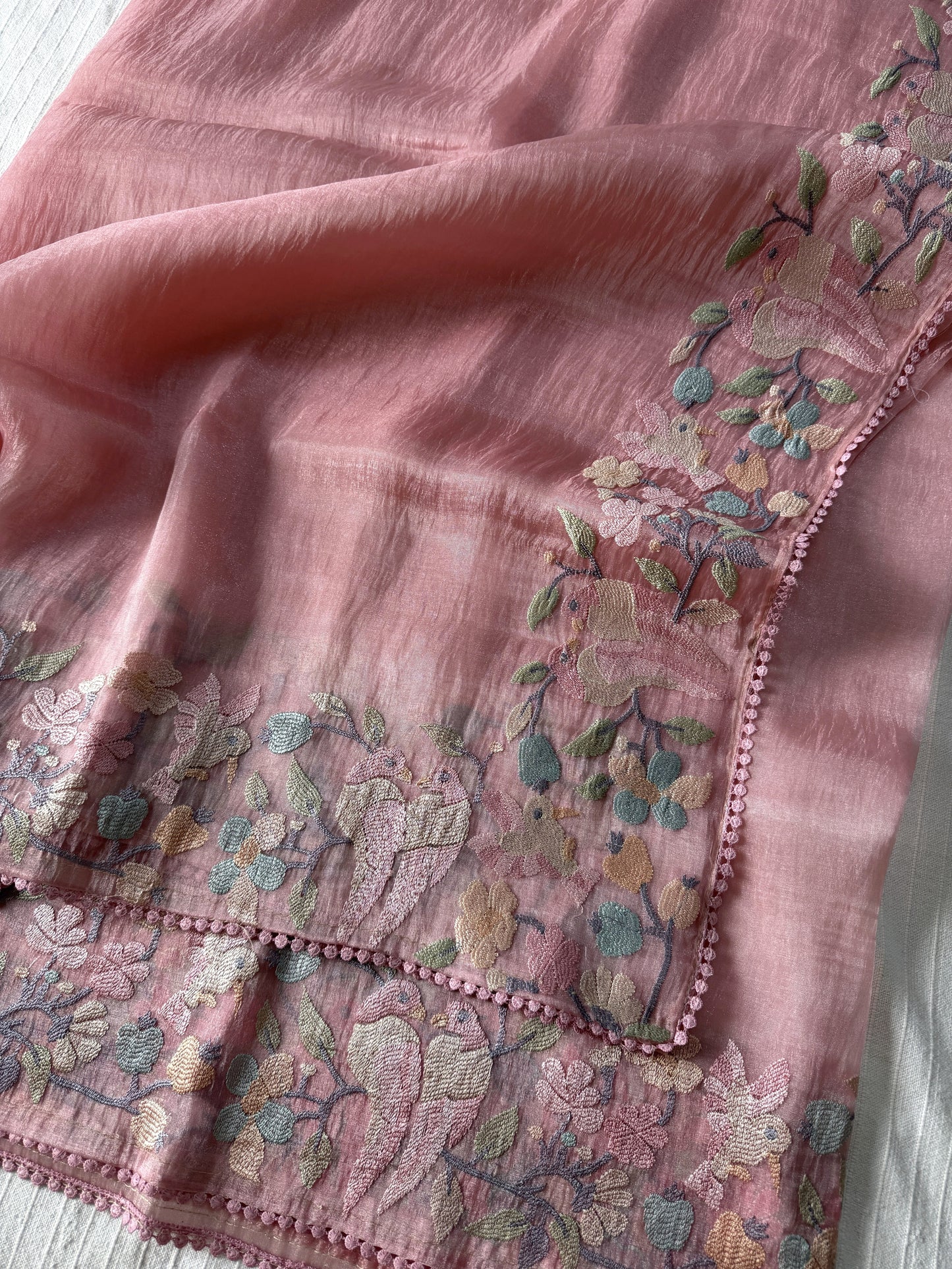 Organza glass tissue saree with embroidery and lace detailed borders | Peach | OB1