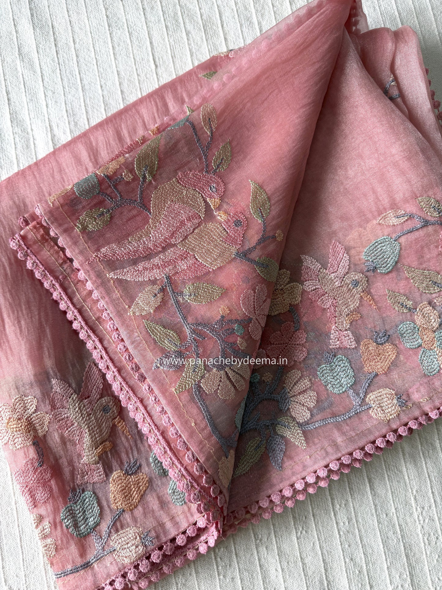 Organza glass tissue saree with embroidery and lace detailed borders | Peach | OB1