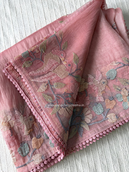 Organza glass tissue saree with embroidery and lace detailed borders | Peach | OB1