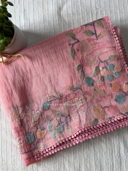 Organza glass tissue saree with embroidery and lace detailed borders | Peach | OB1