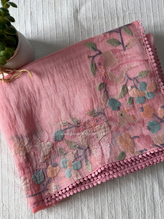 Organza glass tissue saree with embroidery and lace detailed borders | Peach | OB1