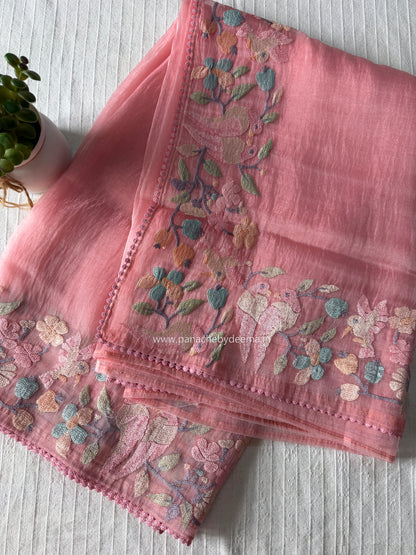 Organza glass tissue saree with embroidery and lace detailed borders | Peach | OB1