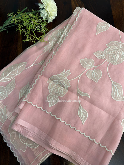 Soft Organza saree with tissue applique work and embroidery | Pink | AT2