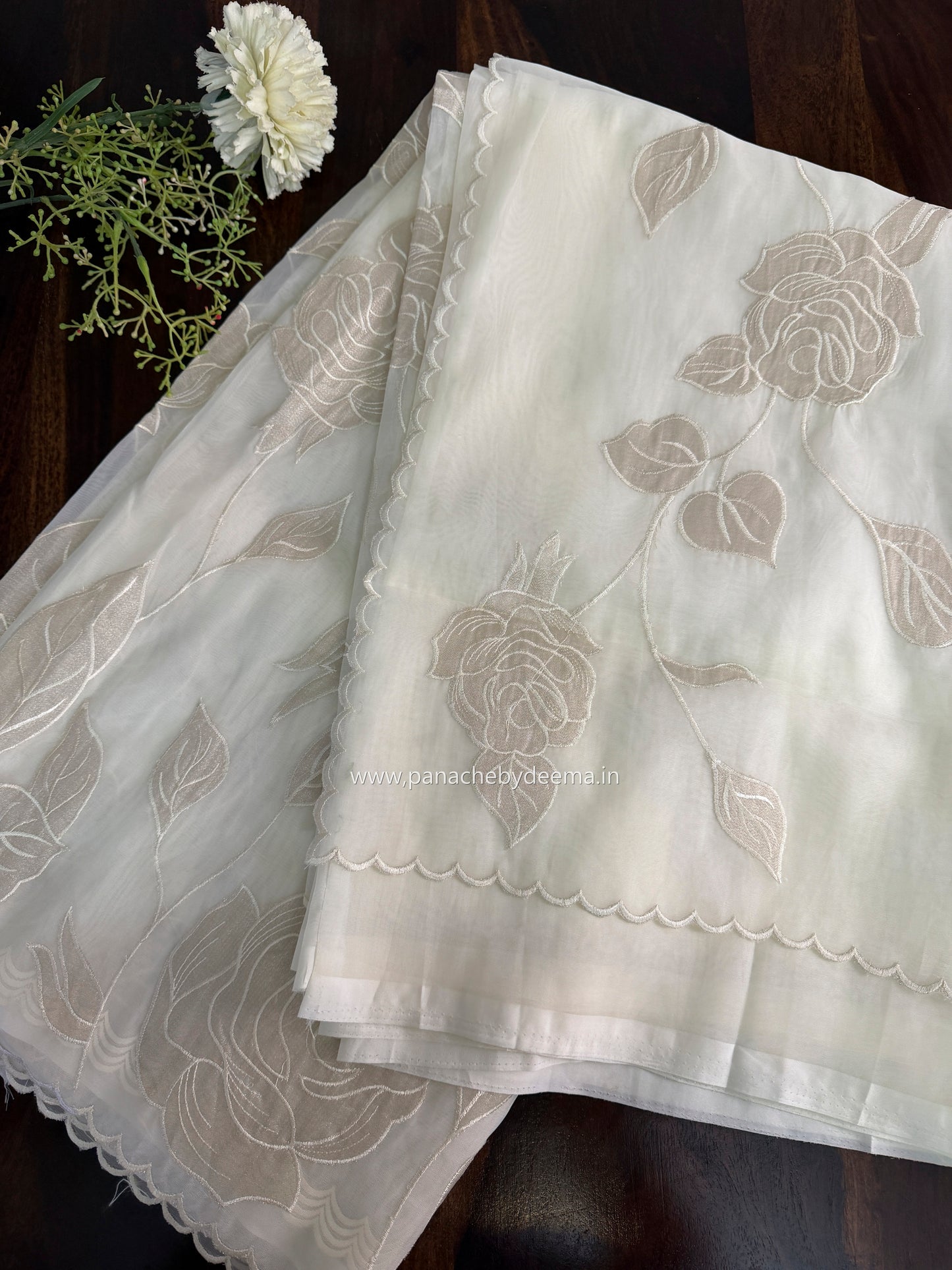 Soft Organza saree with tissue applique work and embroidery | Offwhite | AT1