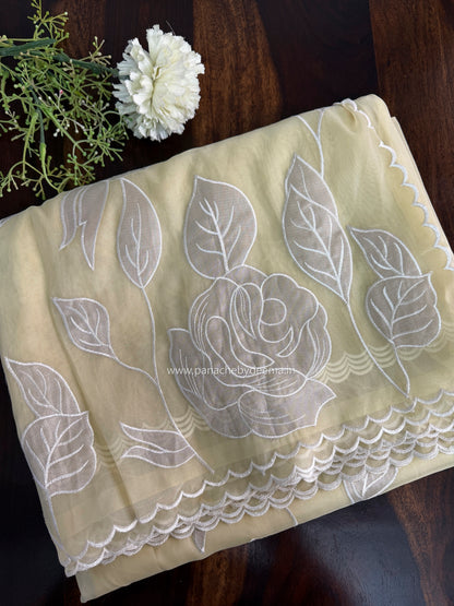 Soft Organza saree with tissue applique work and embroidery | Yellow | AT3