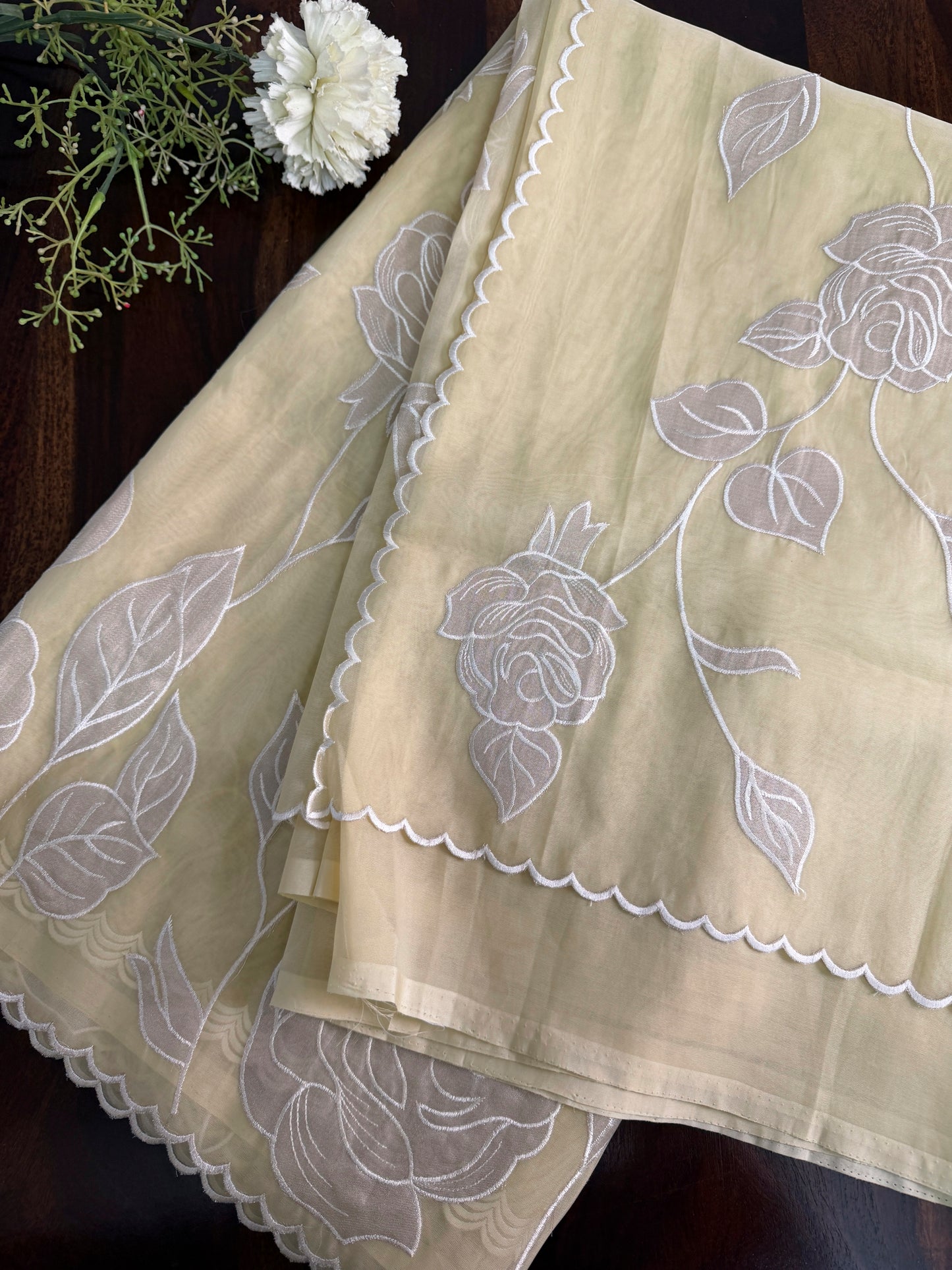 Soft Organza saree with tissue applique work and embroidery | Yellow | AT3