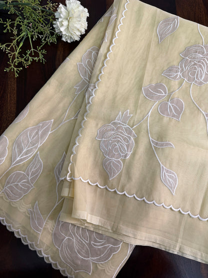 Soft Organza saree with tissue applique work and embroidery | Yellow | AT3