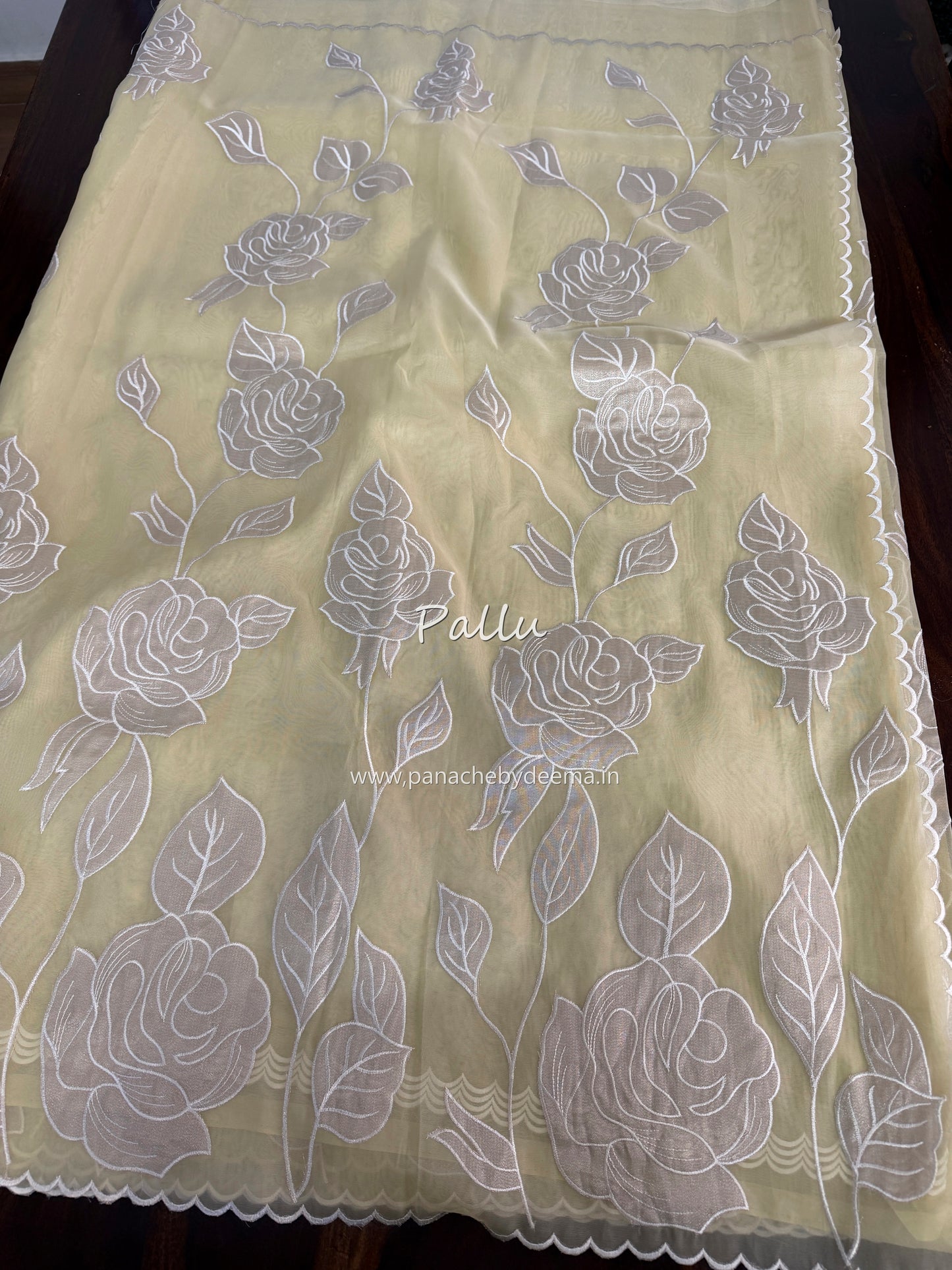 Soft Organza saree with tissue applique work and embroidery | Yellow | AT3