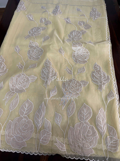 Soft Organza saree with tissue applique work and embroidery | Yellow | AT3