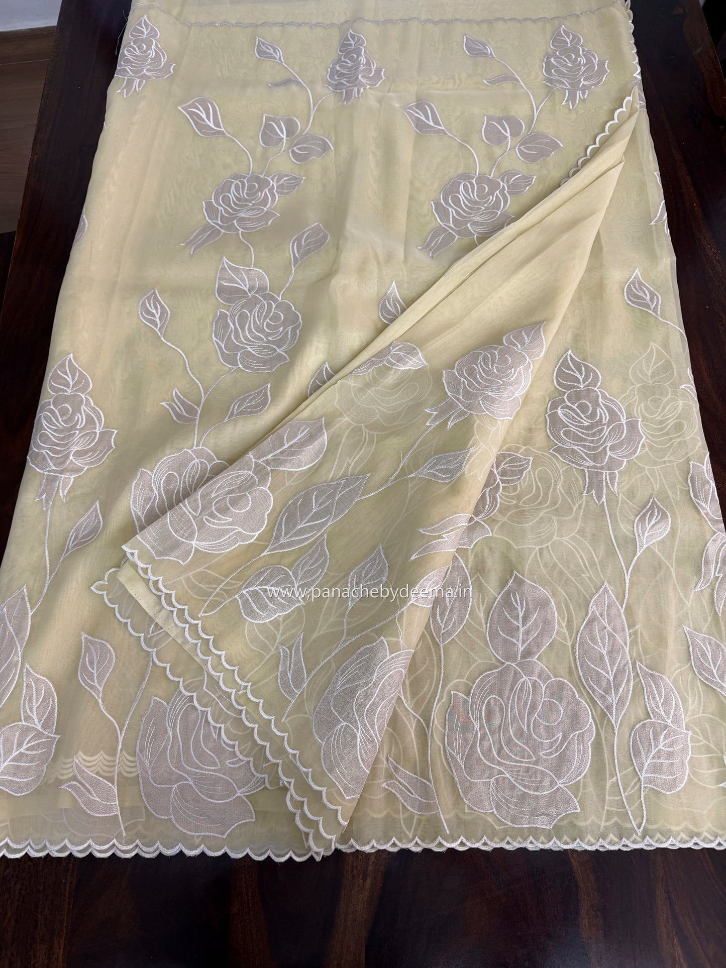 Soft Organza saree with tissue applique work and embroidery | Yellow | AT3