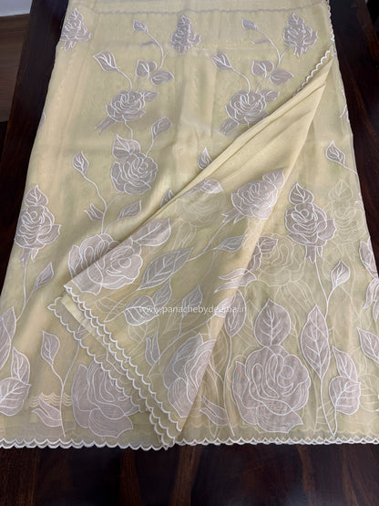 Soft Organza saree with tissue applique work and embroidery | Yellow | AT3
