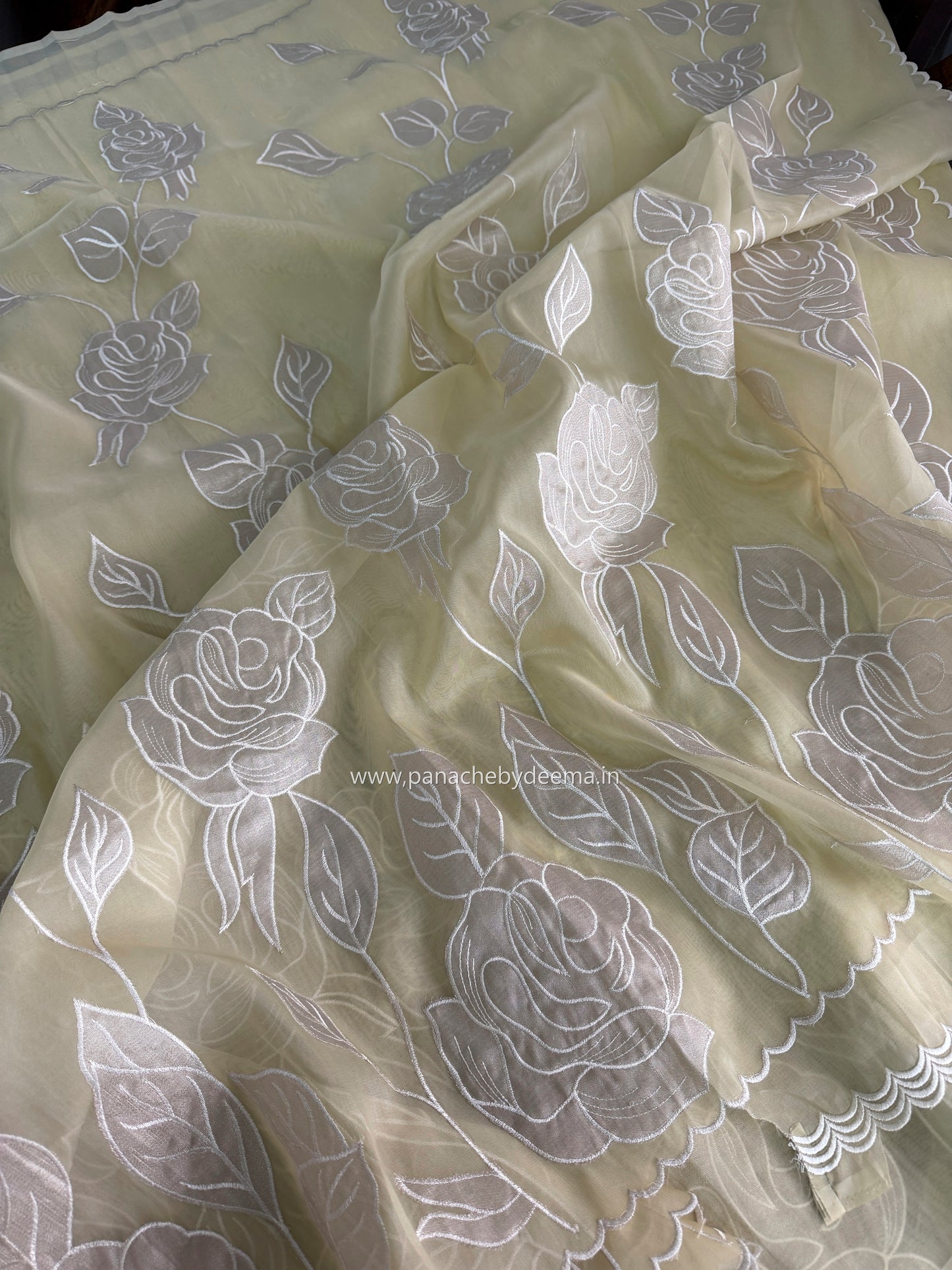 Soft Organza saree with tissue applique work and embroidery | Yellow | AT3