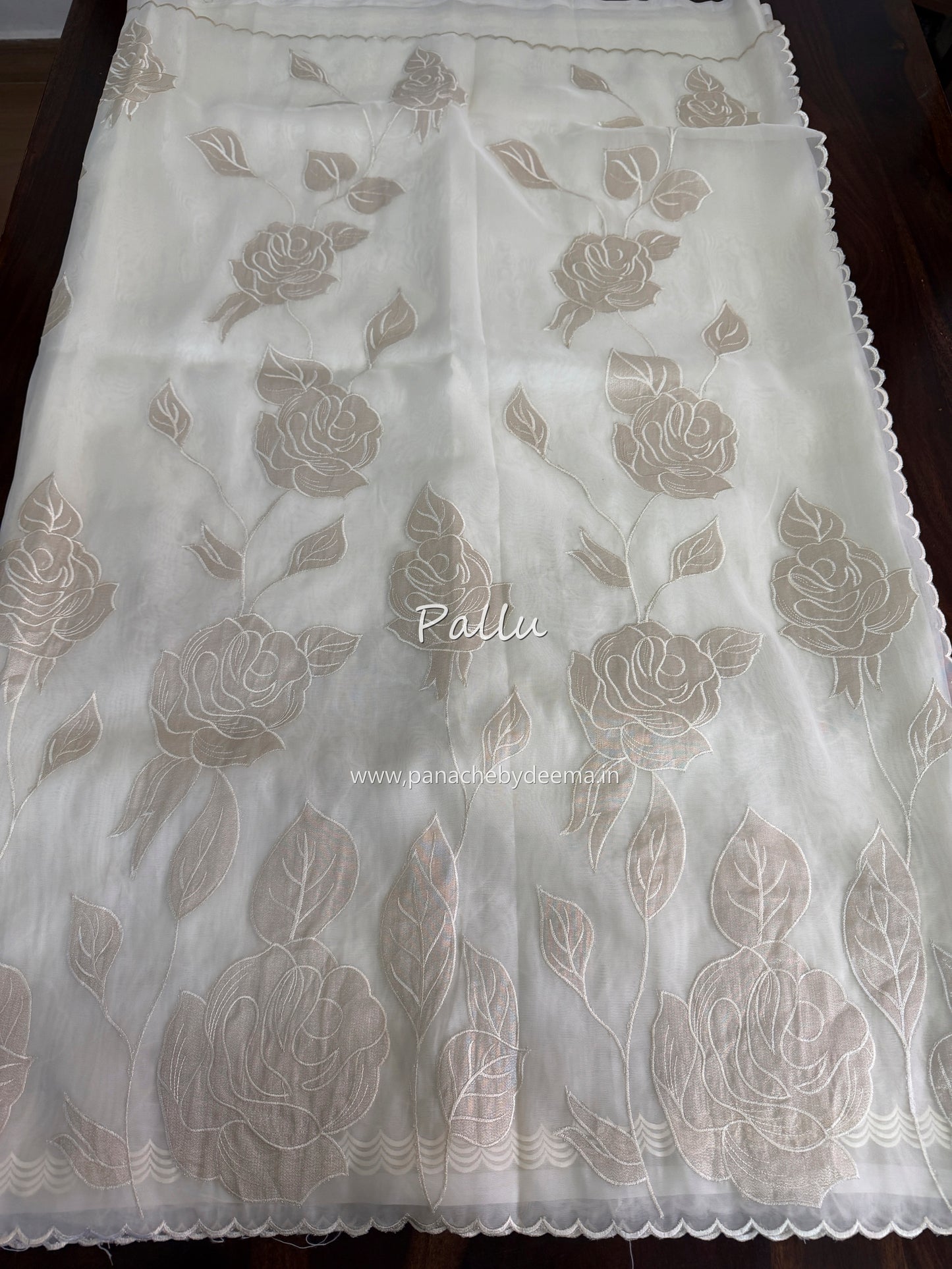 Soft Organza saree with tissue applique work and embroidery | Offwhite | AT1