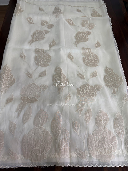 Soft Organza saree with tissue applique work and embroidery | Offwhite | AT1