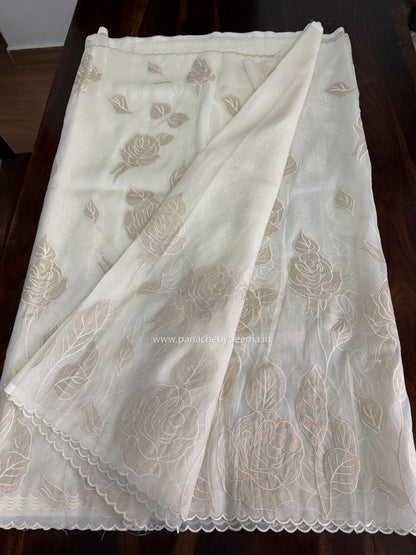 Soft Organza saree with tissue applique work and embroidery | Offwhite | AT1