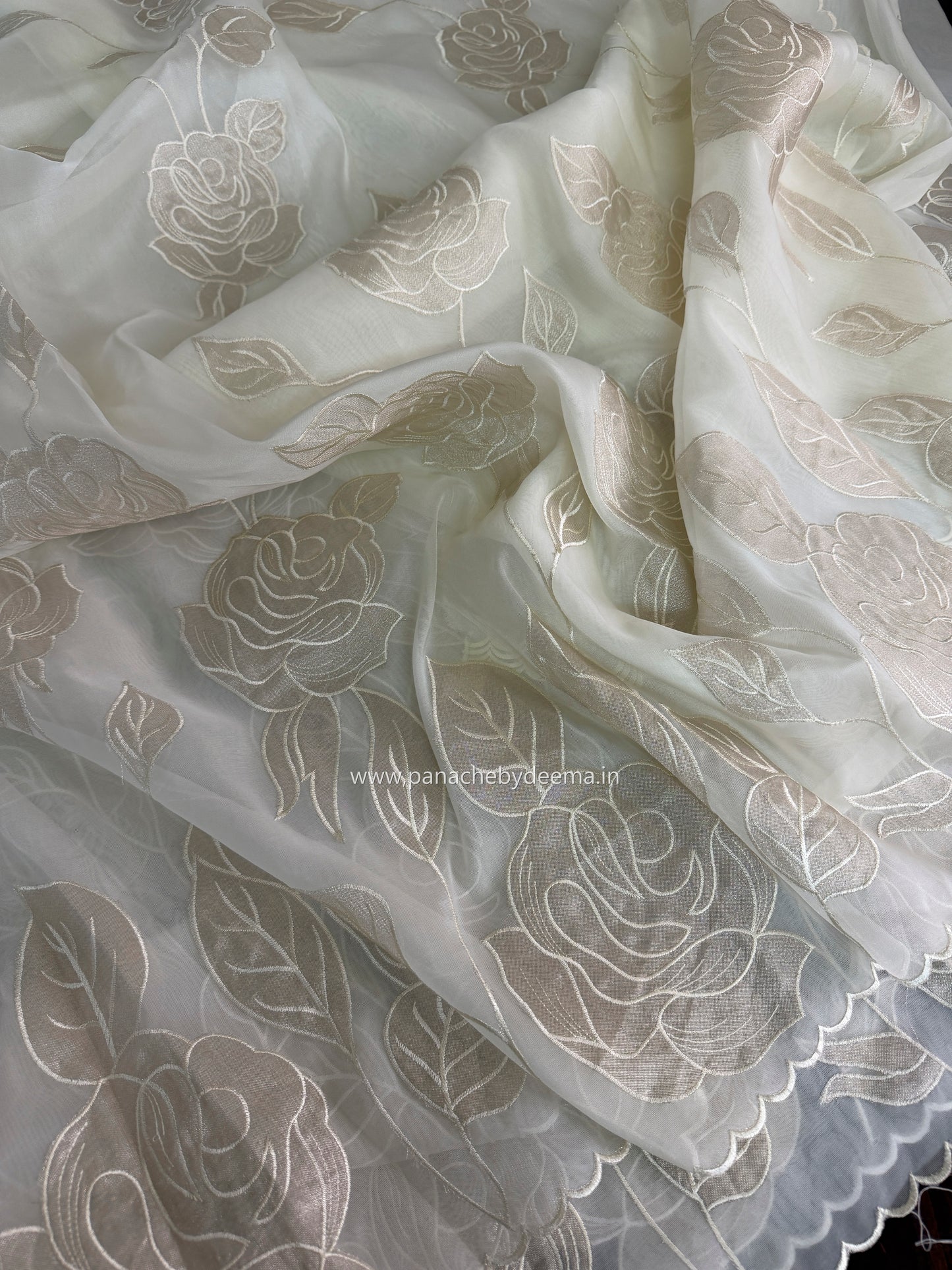 Soft Organza saree with tissue applique work and embroidery | Offwhite | AT1