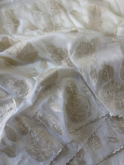 Soft Organza saree with tissue applique work and embroidery | Offwhite | AT1