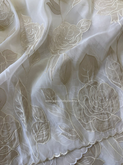 Soft Organza saree with tissue applique work and embroidery | Offwhite | AT1