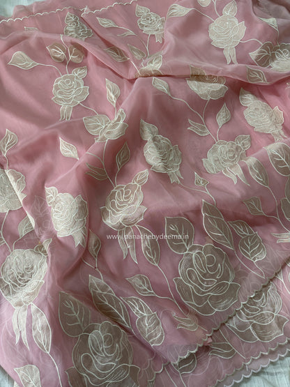 Soft Organza saree with tissue applique work and embroidery | Pink | AT2