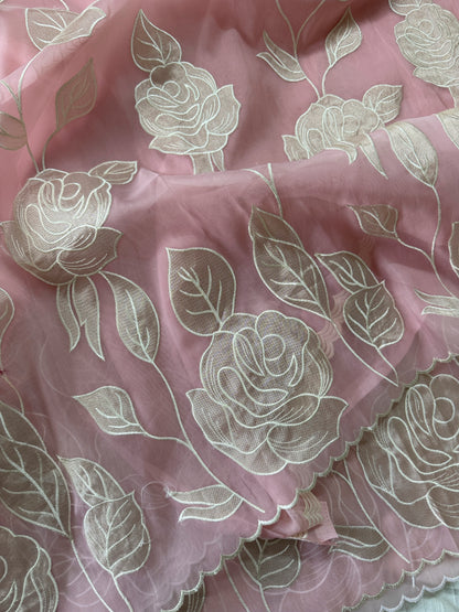 Soft Organza saree with tissue applique work and embroidery | Pink | AT2