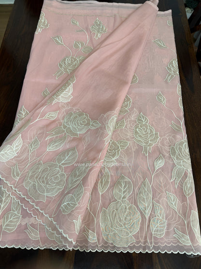 Soft Organza saree with tissue applique work and embroidery | Pink | AT2