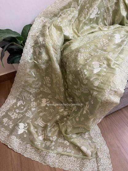 Crushed organza saree with embroidery and scalloped borders | Pastel green| CR1