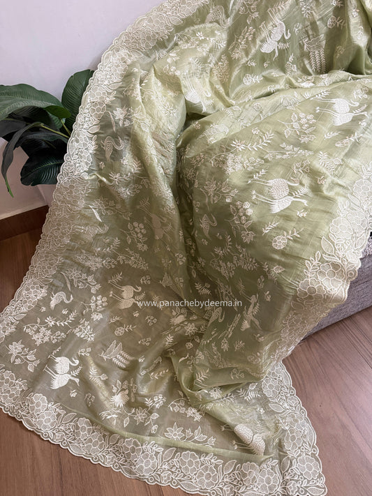 Crushed organza saree with embroidery and scalloped borders | Pastel green| CR1