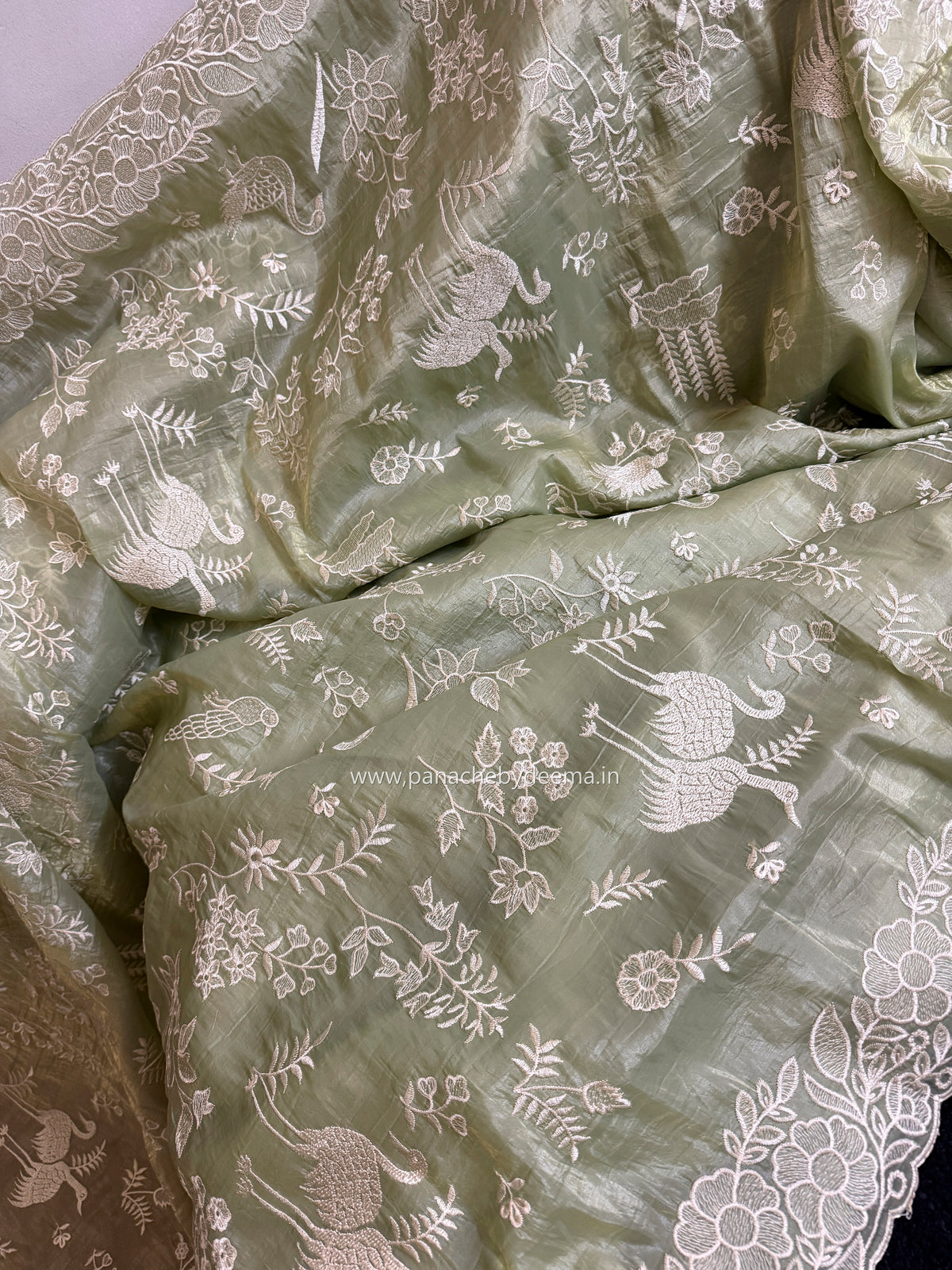 Crushed organza saree with embroidery and scalloped borders | Pastel green| CR1