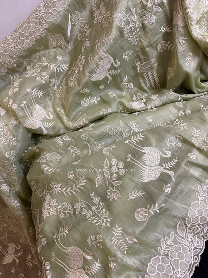 Crushed organza saree with embroidery and scalloped borders | Pastel green| CR1