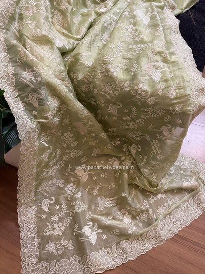 Crushed organza saree with embroidery and scalloped borders | Pastel green| CR1