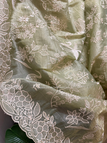 Crushed organza saree with embroidery and scalloped borders | Pastel green| CR1