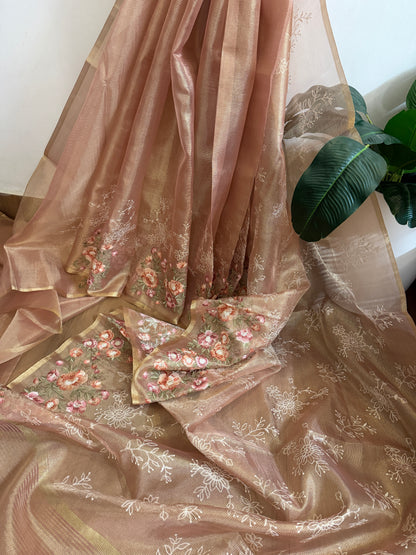 Tissue saree with embroidery |golden light peachy pink |Tis5
