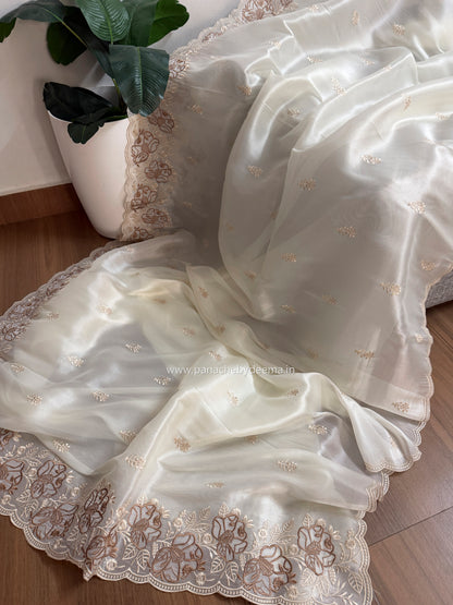 Soft chandaniya saree with embroidery and scalloped work| Milky white |AW1