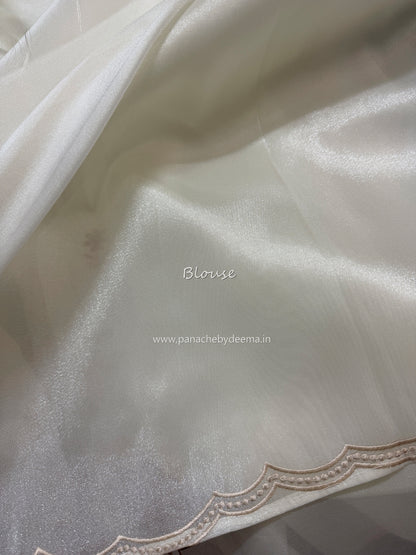 Soft chandaniya saree with embroidery and scalloped work| Milky white |AW1