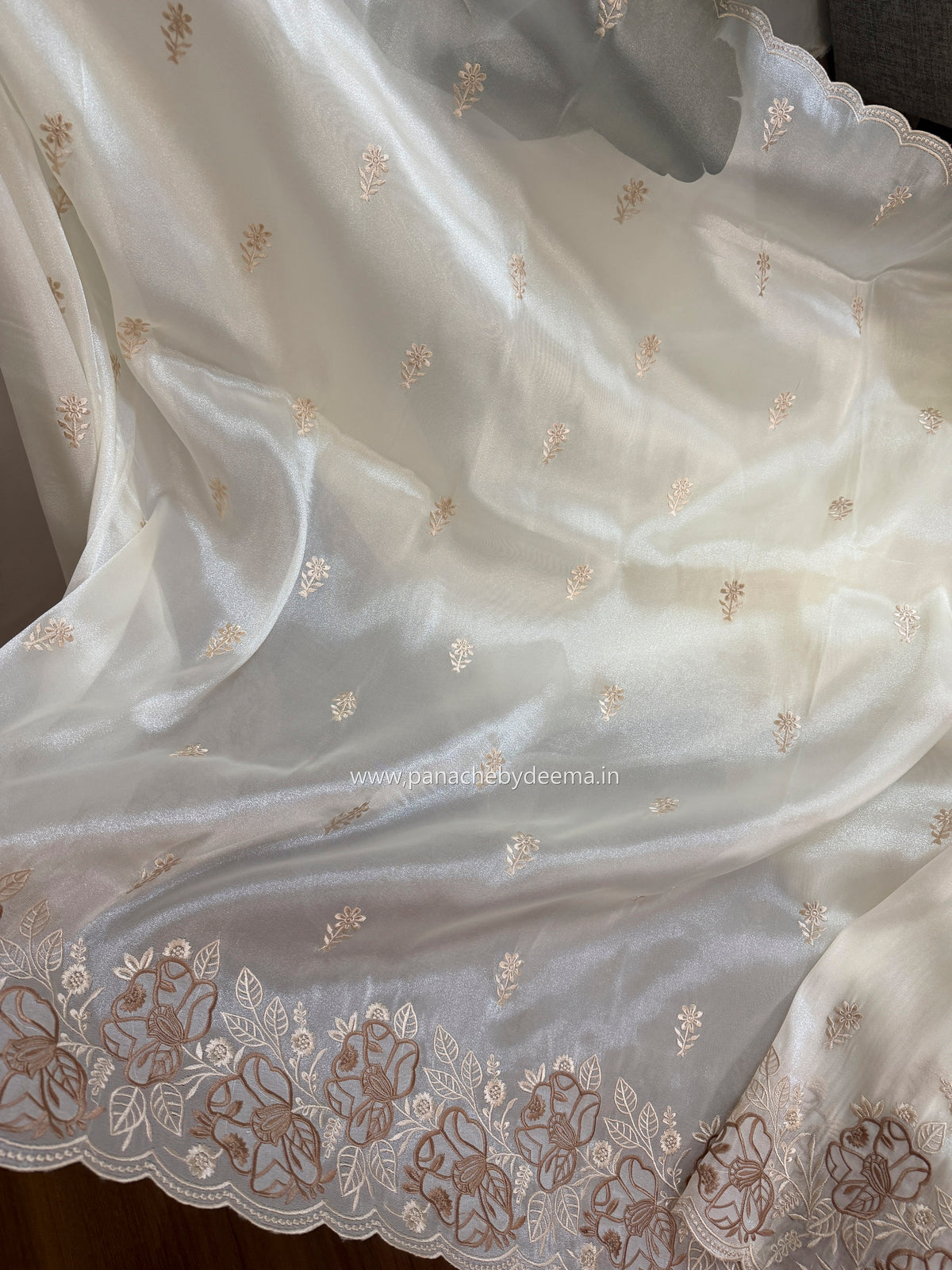 Soft chandaniya saree with embroidery and scalloped work| Milky white |AW1