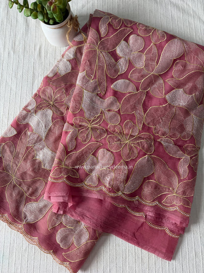Chiffon saree with colour embroidery and scalloped borders | Pink | SH2