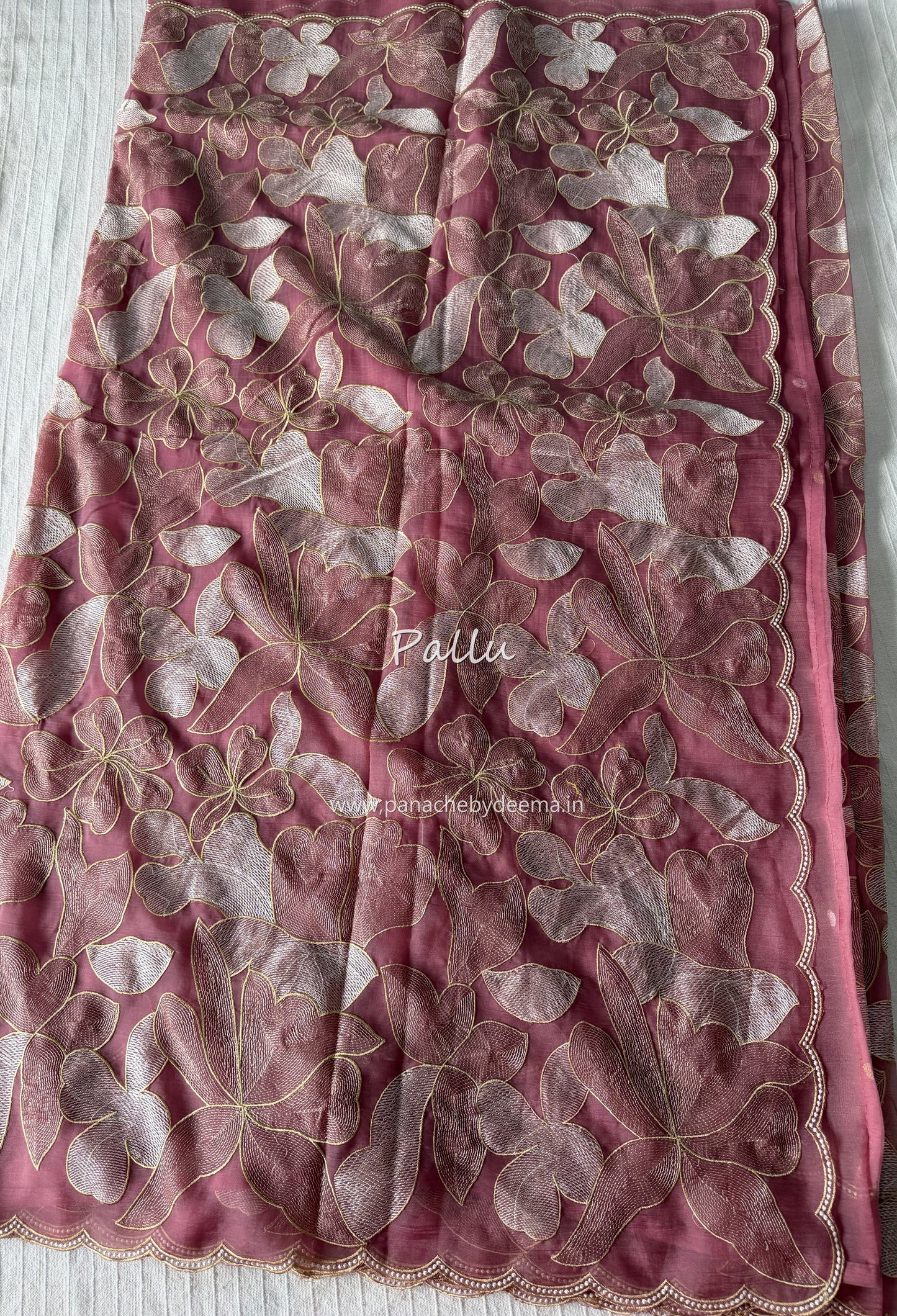 Chiffon saree with colour embroidery and scalloped borders | Pink | SH2