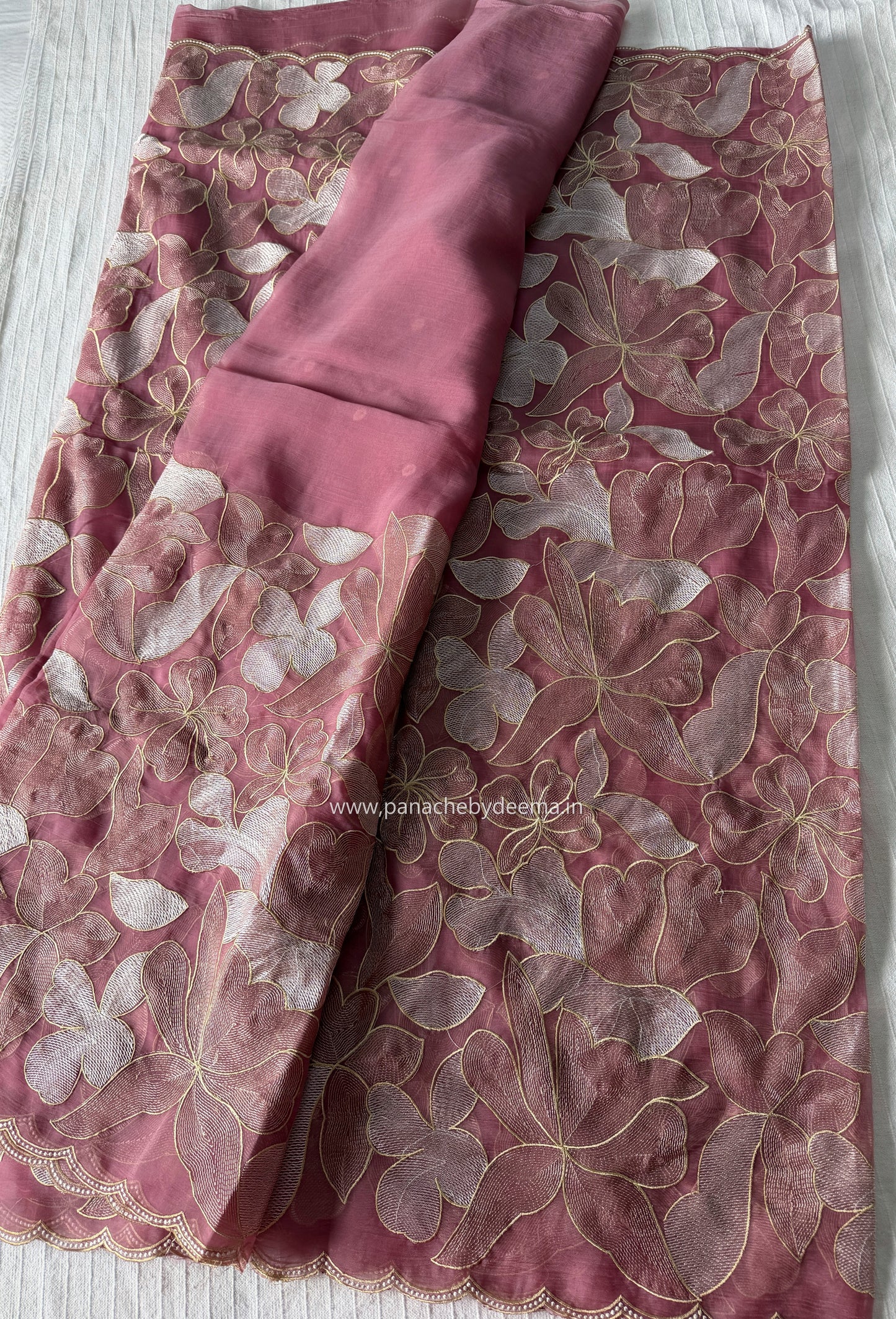 Chiffon saree with colour embroidery and scalloped borders | Pink | SH2