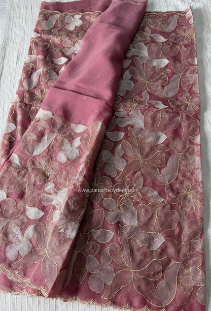 Chiffon saree with colour embroidery and scalloped borders | Pink | SH2