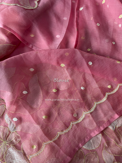Chiffon saree with colour embroidery and scalloped borders | Pink | SH2