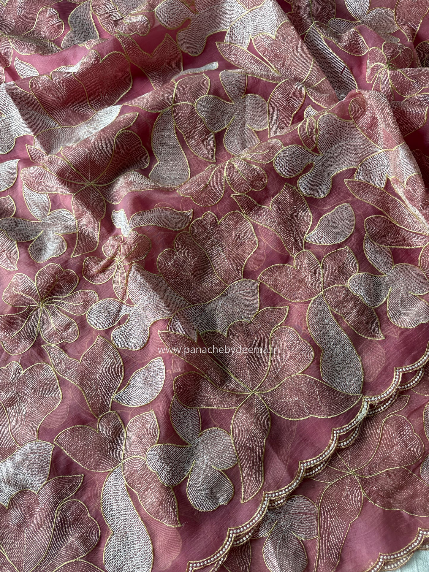 Chiffon saree with colour embroidery and scalloped borders | Pink | SH2
