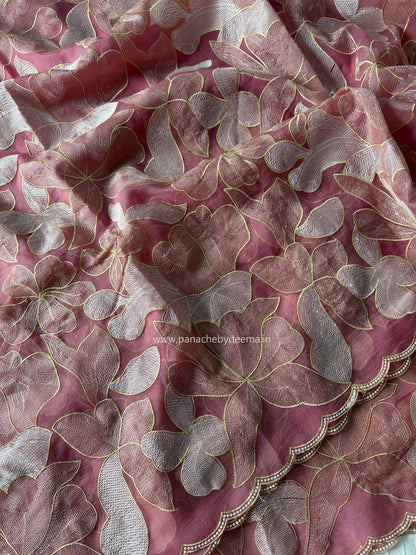 Chiffon saree with colour embroidery and scalloped borders | Pink | SH2
