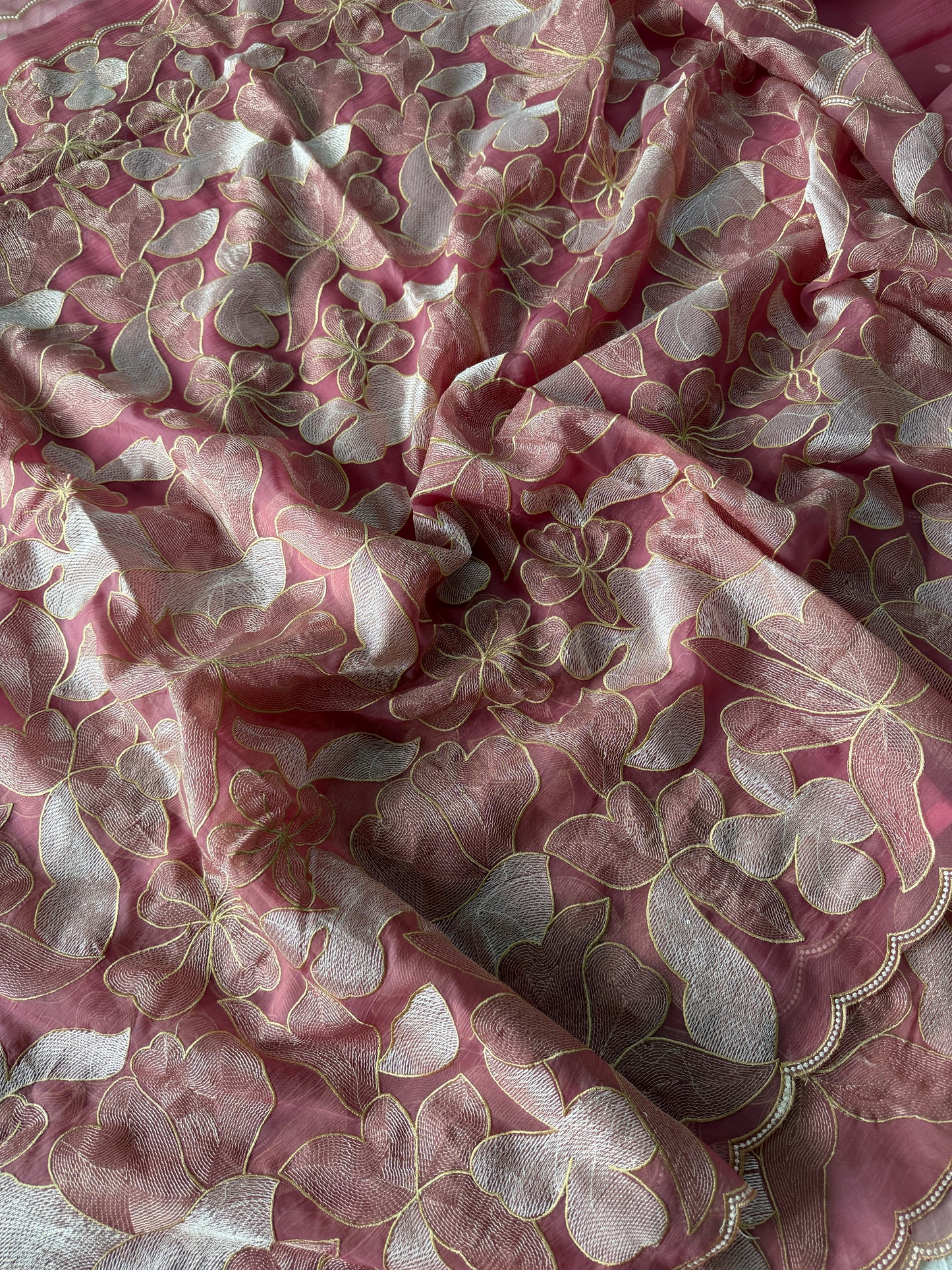 Chiffon saree with colour embroidery and scalloped borders | Pink | SH2